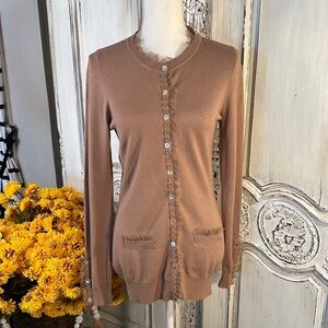 Twelve by Twelve Taupe Ruffle Embellished Button-Up Two Pocket Cardigan